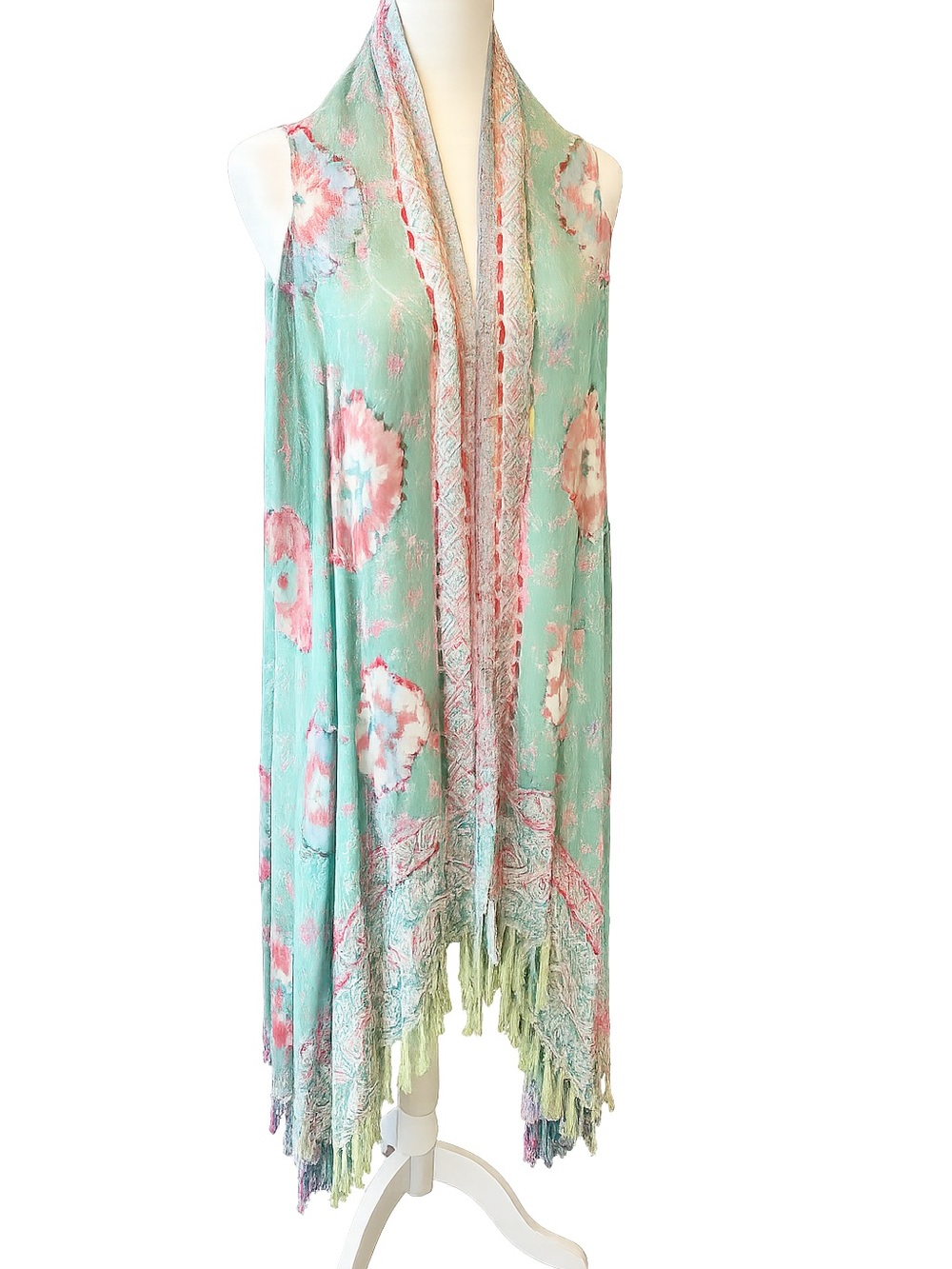Reversible Mint Aztec Boho Fringe Long Shrug